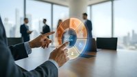 Businessman interacting with digital pie chart interface showing data analytics and business metrics in modern office with colleagues and city skyline background.