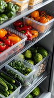 Fresh vegetables and produce neatly organized in clear storage containers inside refrigerator drawers. Colorful arrangement of tomatoes, peppers, cucumbers, and leafy greens.