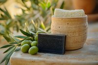 Natural black soap bar with ceramic holder and fresh green olives on marble surface, soft focus background with olive tree branches creates spa atmosphere.