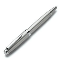 Silver metallic ballpoint pen isolated on white background for business stationery and office supplies design projects.