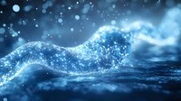 Glowing blue wave made of particles and light effects on dark background with bokeh lights, representing digital transformation and flow of data.