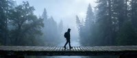 Man in dark jacket standing on wooden bridge over water in misty forest landscape with evergreen trees, outdoor adventure and nature exploration concept.