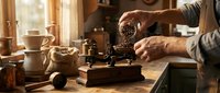 Artisan roasting coffee beans in traditional wooden workshop with vintage equipment and warm natural lighting creating authentic craft atmosphere.