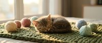 Adorable tabby kitten sleeping peacefully on green knitted blanket surrounded by colorful yarn balls in cozy sunlit room for crafting and pet themes.