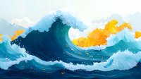 Dramatic ocean wave painting with turquoise and deep blue waters crashing against vibrant orange sunset sky, artistic watercolor style seascape for wall decor.