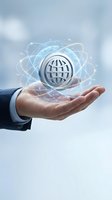 Businessman hand holding glowing globe icon with network connections representing global business technology and digital transformation solutions.
