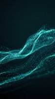 Abstract turquoise digital wave with glowing particles and flowing lines on dark background for technology and data visualization concepts.