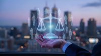 Professional businessman holding holographic justice scales with people icons representing legal services and law firm consultation at sunset.