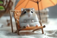 Adorable hamster relaxing in miniature wooden beach chair with orange umbrella against soft white sand background, creating whimsical summer vacation scene.