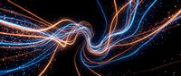 Abstract energy waves with glowing blue and orange light trails creating dynamic spiral motion against black background for digital art projects.