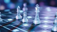 Glass chess pieces on board with colorful bokeh lights creating strategic business concept for leadership and planning decisions.