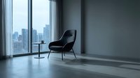 Modern black lounge chair positioned by floor-to-ceiling windows overlooking urban skyline, minimalist interior design space with polished concrete flooring.