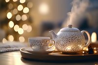Glowing ceramic teapot with delicate pierced pattern and matching teacup on wooden tray against soft bokeh lights creating cozy winter atmosphere.