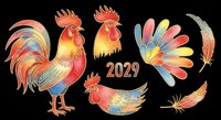 Rooster and feather illustrations in vibrant orange, red, and blue tones with 2029 text. Isolated on transparent background, ready for t-shirts, clipart, stickers, and print-on-demand designs.