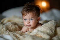 Sweet toddler with bright blue eyes lying on soft furry blanket in warm evening light, creating cozy atmosphere for family photography and childhood memories.