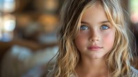 Young Caucasian girl with blonde wavy hair and bright blue eyes gazes at camera with gentle smile, soft natural lighting creates dreamy atmosphere in blurred background.