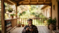 Senior man with gray beard wearing cap and casual shirt sitting on wooden porch with railing, holding mug, relaxing in rustic cabin setting with green landscape view, lifestyle portrait for retirement and leisure themes.