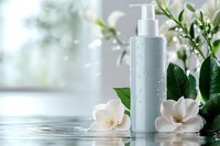 Elegant cosmetic pump bottle with white magnolia flowers and green leaves on marble surface in bright natural light for skincare and beauty products.