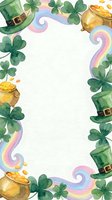Watercolor St. Patrick's Day frame with leprechaun hats, four-leaf clovers, gold pots and rainbows on white background for festive greeting cards.