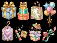 Colorful gift boxes, wrapped presents, and festive balloons isolated on transparent background. Ready for t-shirt designs, clipart, stickers, sublimation, and print-on-demand products.