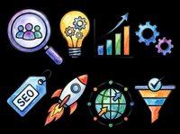 Startup business icons set isolated on transparent background. Includes magnifying glass, lightbulb, growth chart, gears, SEO tag, rocket, global network and funnel. Ready for t-shirts, clipart, stickers and print-on-demand designs.