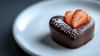 Dark chocolate covered dessert with fresh sliced strawberry and powdered sugar on white plate against dark background, shallow depth of field macro food photography.