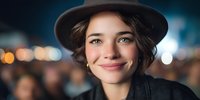 Young Caucasian woman wearing black hat smiling warmly at night with blurred city lights and crowd in background, natural authentic portrait showing genuine happiness.