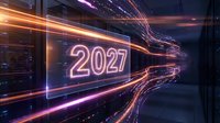 Neon glowing 2027 text in futuristic digital tunnel with orange and purple light streaks, representing future technology and new year concepts for design projects.
