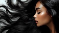 Young Asian woman with flowing black hair and glowing skin in profile view against dark background, showcasing luxury beauty and hair care concept.