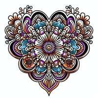 Ornate heart-shaped mandala with floral elements in purple, blue, and orange tones on white background, isolated design for decorative art and creative projects.