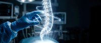 Medical professional examining glowing spine model in modern healthcare facility for orthopedic diagnosis and treatment planning.