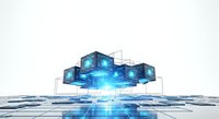 Futuristic digital cloud computing platform with glowing blue data cubes floating above circuit board landscape for technology and innovation concepts.