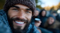 Cheerful bearded man in winter knit hat and scarf smiling at camera with bright white teeth, close up portrait with blurred people in background outdoors.