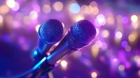 Two professional microphones on purple and pink bokeh background with soft focus lights creating magical atmosphere for karaoke and music performance.