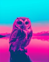 Majestic owl perched against vibrant neon sky background with pink and turquoise gradient colors creating surreal nature photography effect for modern wall art.