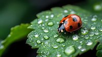 Red ladybug walking on wet green leaf covered with morning dew drops in spring garden, macro nature photography showing water droplets and insect details.