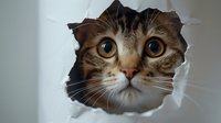 Curious tabby cat peeping through torn paper hole against white background, creating playful and humorous mood. Close up view of feline face with big eyes.