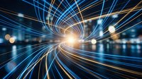 Abstract digital tunnel with glowing blue and orange light trails creating dynamic motion effect for technology and futuristic design concepts.