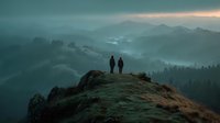 Two hikers standing on mountain peak overlooking misty valley landscape at dawn with layered hills and dramatic sky for outdoor adventure concepts.