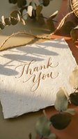 Handmade thank you card with elegant calligraphy on textured paper, surrounded by eucalyptus branches and soft natural shadows.
