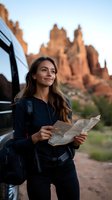 Young Hispanic woman traveler with backpack holding map near red rock formations at sunset. Adventurous solo female hiker exploring desert landscape.