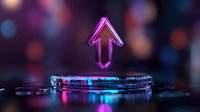 Glowing neon pink arrow floating above reflective surface with vibrant bokeh background in purple and blue tones creates futuristic technological atmosphere.