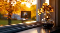 Yellow cosmos flowers in glass vase on windowsill against blurred autumn sunset background creating cozy atmospheric home interior with golden bokeh light.