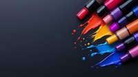 Colorful nail polish bottles with dripping lacquer arranged diagonally on dark background, vibrant drops and splashes create artistic composition. For beauty and fashion.