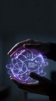 Hands holding glowing purple digital sphere with interconnected network nodes and mutual influence system text, representing artificial intelligence, data connectivity, and futuristic technology concepts for business solutions.