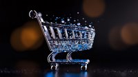 Shopping cart miniature with water drops and bokeh lights creating magical retail atmosphere. Conceptual business and commerce photography with dramatic lighting.