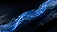 Glowing blue liquid stream flowing over dark rocky surface with sparkling particles and luminescent effects for digital art and fantasy designs.
