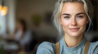 Young Caucasian woman with platinum blonde hair and natural makeup smiling warmly at camera. Soft bokeh background creates professional business atmosphere.