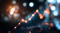 Financial market graph with glowing line chart and bokeh lights in dark blue background showing stock market growth and investment analysis trends.
