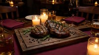 Grilled beef steaks with rosemary on wooden board in romantic candlelit restaurant setting with wine glasses and warm ambient lighting for dining.